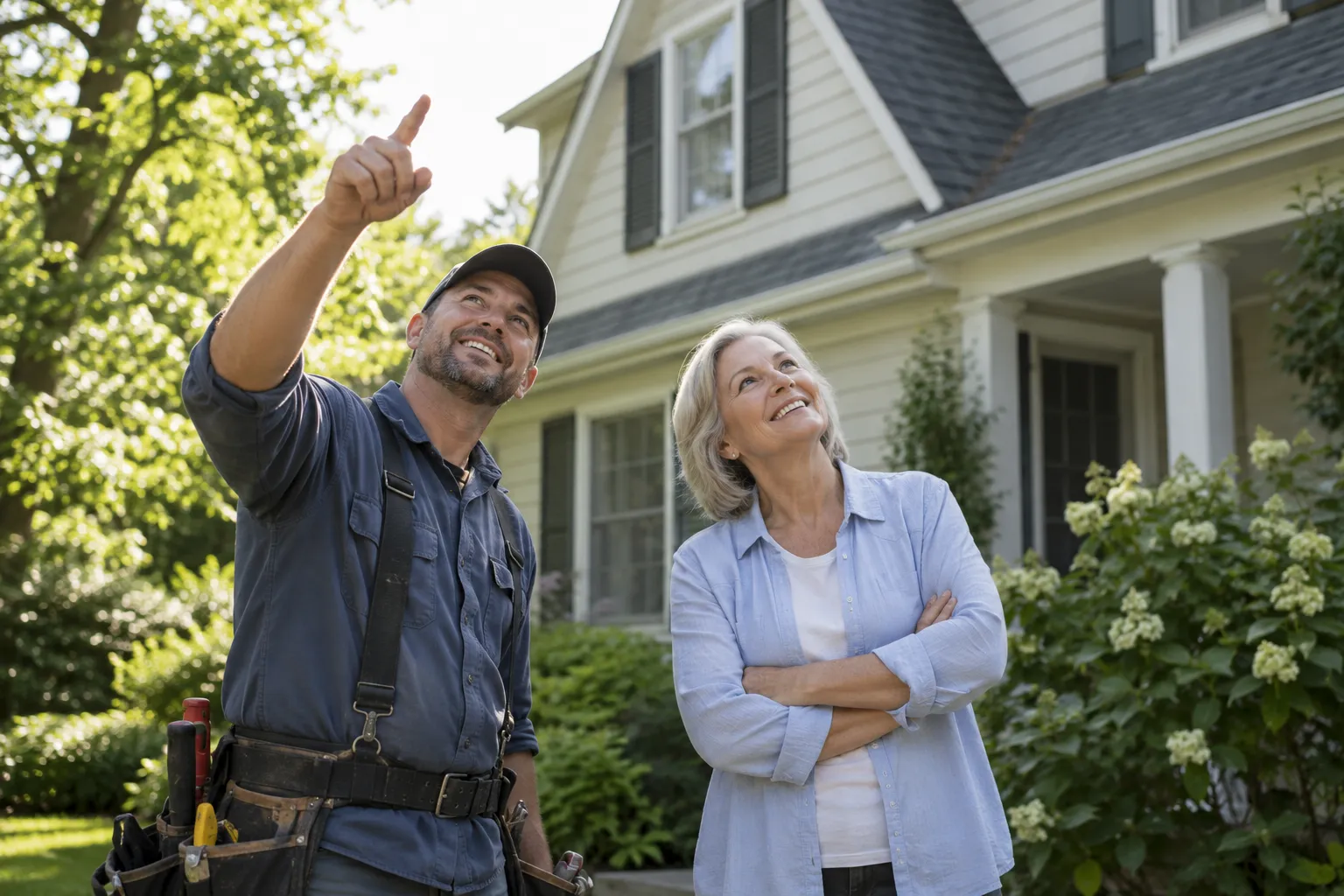 A friendly roofing provider and a homeowner looking up at an older North Prairie house roof together