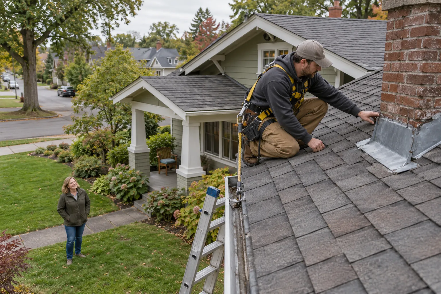 Local roofing provider checking an older frame house roof for leaks near North Prairie