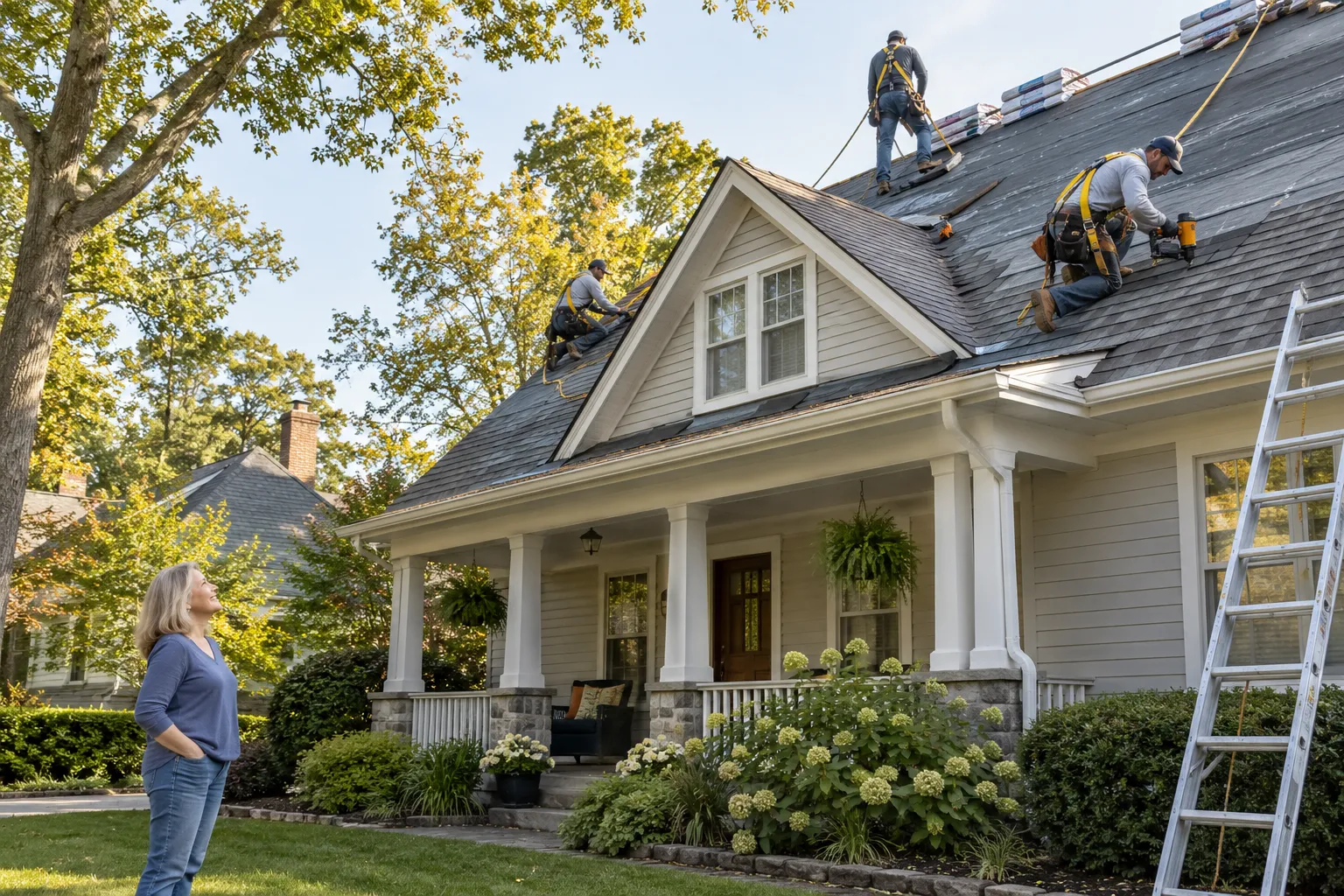 Roofing provider installing new shingles on a house roof in North Prairie on a clear day