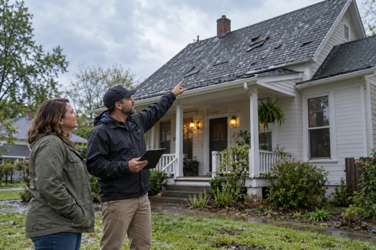 Homeowner and local roofing provider looking at hail-bruised shingles on a house in North Prairie
